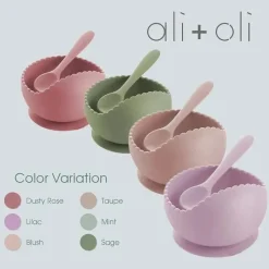 Ali + Oli - Conjunto de tigela e colher de silicone ondulado, rosa empoeirado Fashion