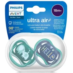 Philips Avent Avent - Chupeta Ultra Air 18M+, Opal Elephant / Blue Hello, Pacote com 2 Hot