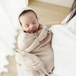 Bleu La La - 100% Organic Cotton Luxury Organic Blanket + Bonnet Hat Set, Beige New