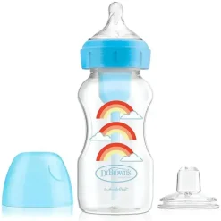Dr. Brown's Brown's - Opções + kit inicial de mamadeira de gargalo largo para mamadeira com canudinho, azul, 9 onças New