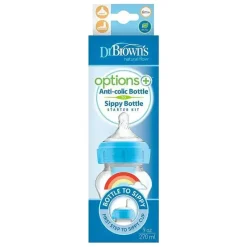 Dr. Brown's Brown's - Opções + kit inicial de mamadeira de gargalo largo para mamadeira com canudinho, azul, 9 onças New