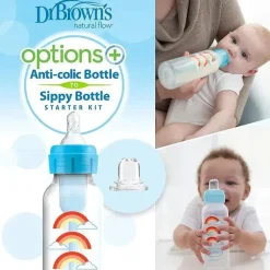 Dr. Brown's Brown's - Opções + kit inicial de mamadeira de gargalo largo para mamadeira com canudinho, azul, 9 onças New