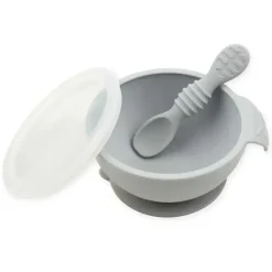 Bumkins - Primeiro conjunto de alimentação de silicone com tampa e colher, cinza Fashion