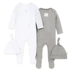 Burt's Bees Baby Burts Bees - 2 conjuntos de macacões de bebê e cartolas de nó, prematuros cinza claro Sale