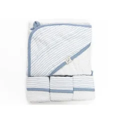 Piccolo Bambino Conjunto de toalha de bebê com capuz e 3 toalhinhas de bebê listrado azul Outlet