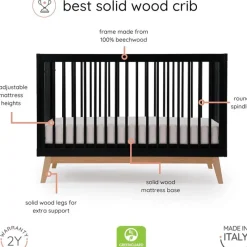 Dadada Furniture Dadada - Baby Soho 3-in-1 Convertible Wooden Crib to Toddler Bed, Black/Natural Fashion
