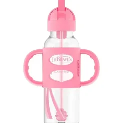 Dr. Brown's Dr. Brown's - Garrafas estreitas de canudo de 8 oz com alças de silicone, rosa Fashion