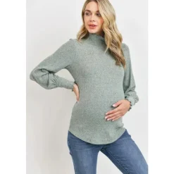 Hello Miz - Blusa Hacci Maternity Gola Mock com Canelado Escovado, Menta Hot