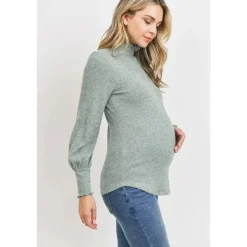 Hello Miz - Blusa Hacci Maternity Gola Mock com Canelado Escovado, Menta Hot