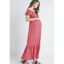 Hello Miz - Off The Shoulder Maternity Ruffled Maxi Dress, Dark Rose Hot