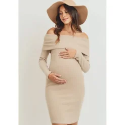 Hello Miz - Ribbed Off The Shoulder Bodycon Maternity Dress, Sand Online