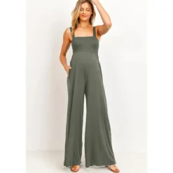 Hello Miz - Sleeveless Smocked Maternity Wideleg Jumpsuit, Olive Fashion