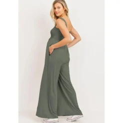 Hello Miz - Sleeveless Smocked Maternity Wideleg Jumpsuit, Olive Fashion