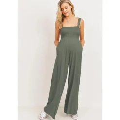 Hello Miz - Sleeveless Smocked Maternity Wideleg Jumpsuit, Olive Fashion