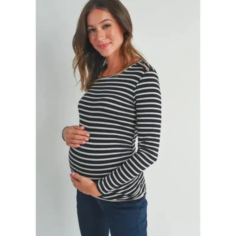 hello_miz__striped_button_SKUDa9CT0vQ_0.webp Hello Miz - Striped Button Trim Long Sleeve Maternity Top, Black New