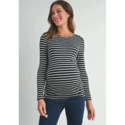 Hello Miz - Striped Button Trim Long Sleeve Maternity Top, Black New