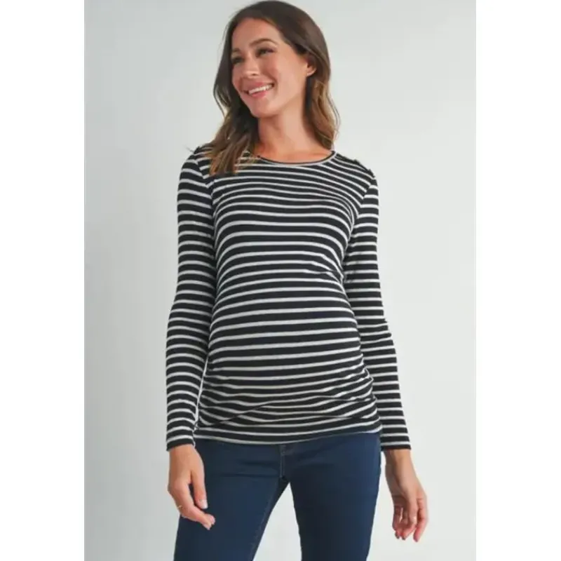 hello_miz__striped_button_SKUDa9CT0vQ_1.webp Hello Miz - Striped Button Trim Long Sleeve Maternity Top, Black New