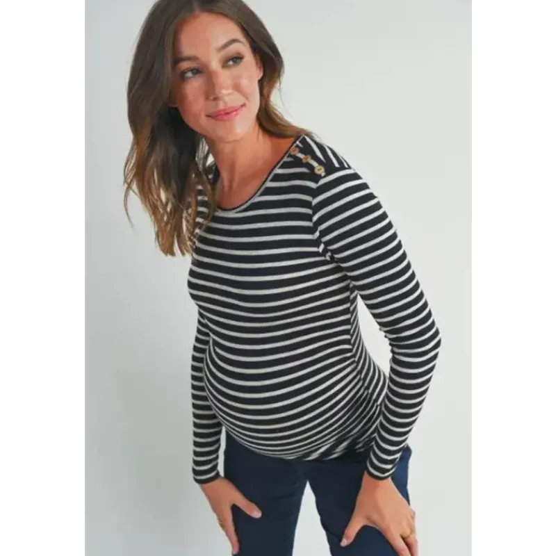 hello_miz__striped_button_SKUDa9CT0vQ_2.webp Hello Miz - Striped Button Trim Long Sleeve Maternity Top, Black New