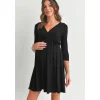 Hello Miz - Surplice Quarter Sleeve Nursing Waist Tie Dress, Black Hot