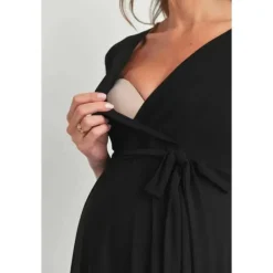 Hello Miz - Surplice Quarter Sleeve Nursing Waist Tie Dress, Black Hot