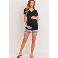 Hello Miz - Top de maternidade básico com decote em V alto com detalhe lateral franzido, preto Fashion