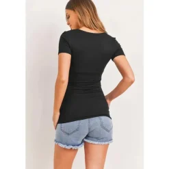 Hello Miz - Top de maternidade básico com decote em V alto com detalhe lateral franzido, preto Fashion