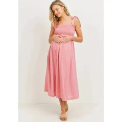 Hello Miz - Vestido Midi Maternidade Smocked com Ombro e Gravata, Rosa Discount