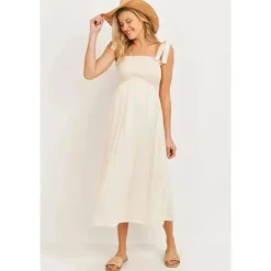 Hello Miz - Vestido Midi para Maternidade com Smocked Tie-Ombro, Aveia Best