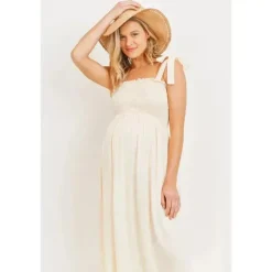 Hello Miz - Vestido Midi para Maternidade com Smocked Tie-Ombro, Aveia Best