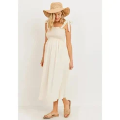 Hello Miz - Vestido Midi para Maternidade com Smocked Tie-Ombro, Aveia Best