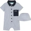 Hugo Boss Baby - Conjunto de algodão listrado tudo em um e chapéu, azul Hot