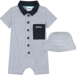 Hugo Boss Baby - Conjunto de algodão listrado tudo em um e chapéu, azul Hot