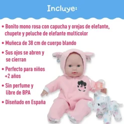 Nemcor Jc Toys - Berenguer Boutique Soft Body Baby Doll Open/Close Eyes. Animal Theme Pink. Window Box Outlet