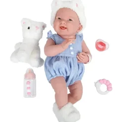 JC Toys La Newborn 15 todo em vinil em macacão azul/tema de gato branco com amigo animal Clearance