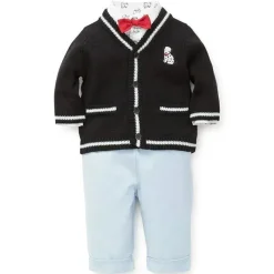 Little Me Signature Luxury Collection Baby Boys Puppy Cardigan Set 3 peças, suéter, calça e gravata borboleta, azul marinho/claro Discount