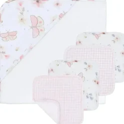 Living Textiles - Toalha com capuz para bebê, conjunto de presente de banho com 5 peças, Fly Away, rosa Hot