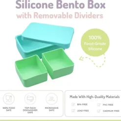 Melii - Caixa Bento 100% Silicone com Divisórias Removíveis, 2 Compartimentos, Azul Menta Hot