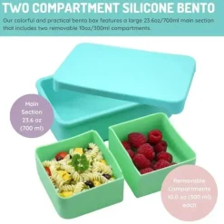 Melii - Caixa Bento 100% Silicone com Divisórias Removíveis, 2 Compartimentos, Azul Menta Hot