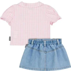 Moschino Baby - Girl Short Sleeve Gingham Blouse Bear Patch Denim Skirt Clearance