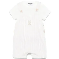 Moschino Baby - Unisex Short Sleeve Tee With Striped Overall And Bear Patch Beige Discount