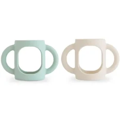 Mushie - Silicone Bottles Handles, Cambridge Blue/Shifting Sand Clearance