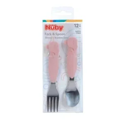 Nuby - Garfo e colher de baleia de silicone/aço inoxidável, rosa Discount