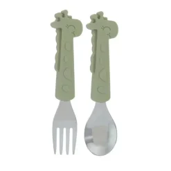 Nuby - Garfo e Colher Girafa de Silicone em Aço Inoxidável - Verde Fashion
