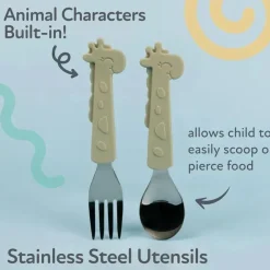 Nuby - Garfo e Colher Girafa de Silicone em Aço Inoxidável - Verde Fashion