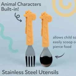 Nuby - Garfo e Colher Girafa de Silicone em Aço Inoxidável - Amarelo Hot