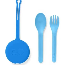 OmieBox - 2 unidades de garfo e colher de plástico reutilizáveis com cápsula para crianças, azul Capri Hot