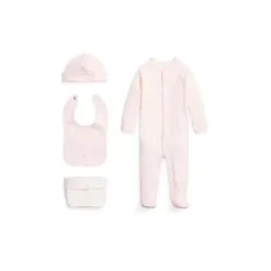 Ralph Lauren Polo Baby - 4 unidades de macacão interlock de manga comprida, babador, gorro e bolsa de malha estampada, rosa delicado Hot