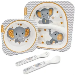 Primo Passi - Super Combo Infantil Fibra de Bambu - Prato Quadrado Dividido, Tigela Quadrada, Garfo e Colher e 3 Recipientes Com Tampas - Pequeno Elefante Sale
