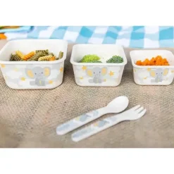 Primo Passi - Super Combo Infantil Fibra de Bambu - Prato Quadrado Dividido, Tigela Quadrada, Garfo e Colher e 3 Recipientes Com Tampas - Pequeno Elefante Sale