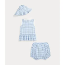 Ralph Lauren Baby - 2Pk Sleeveless Interlock Knit Gingham Ruffle Polo Shortall With Hat Fashion